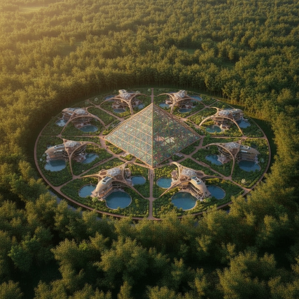 Pyramid kernel guild — a regenerative settlement with stepped pyramid school